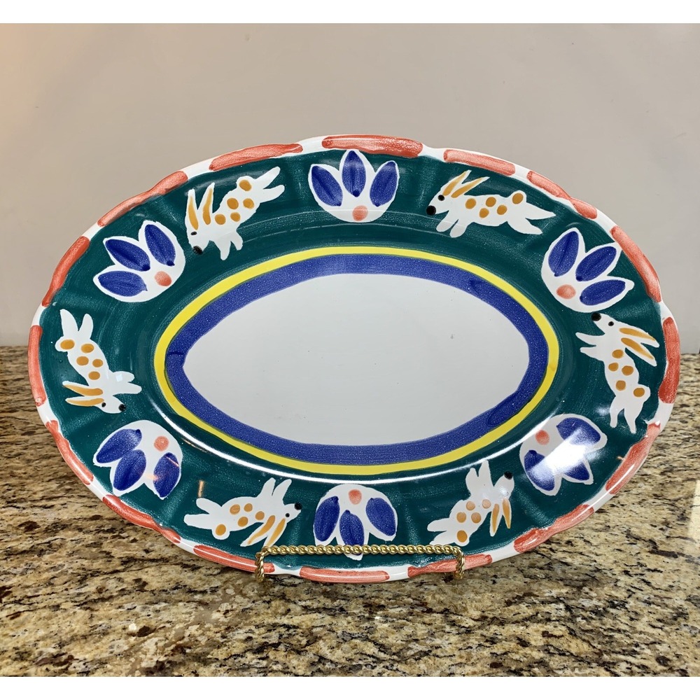 Vintage Easter Bunny Rabbit Spring Pottery Oval Platter Hand Painted  Mexico